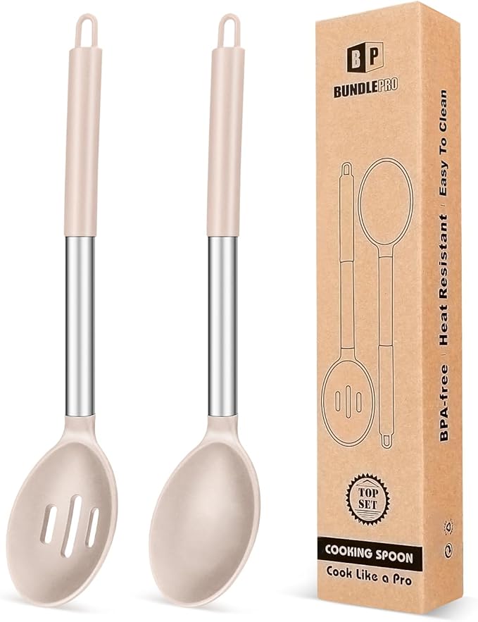 BUNDLEPRO Silicone Cooking Spoons for Nonstick Cookware, 2 Pack, KHAKI