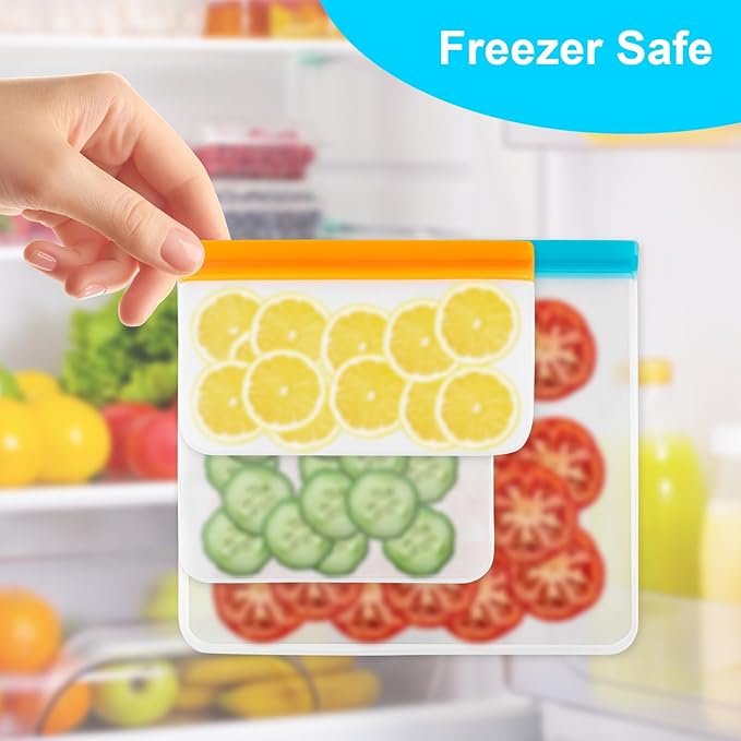 17 Pack Reusable Freezer Bags Dishwasher Safe, Leakproof Food Storage Bags, Silicone Bags for Food Storage Home Organization (6 Reusable Snack Bags 6 Sandwich Bags 5 Gallon Freezer Bags)