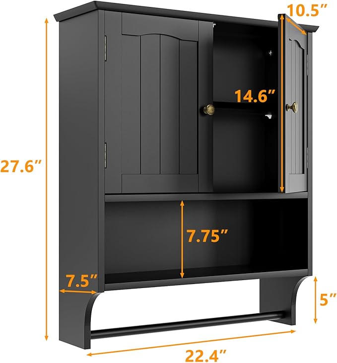 Black Bathroom Cabinet with Towel Rack, Bathroom Wall Cabinet with 2 Doors and Adjustable Shelf, Medicine Cabinet Wall Mount, Over The Toilet Storage