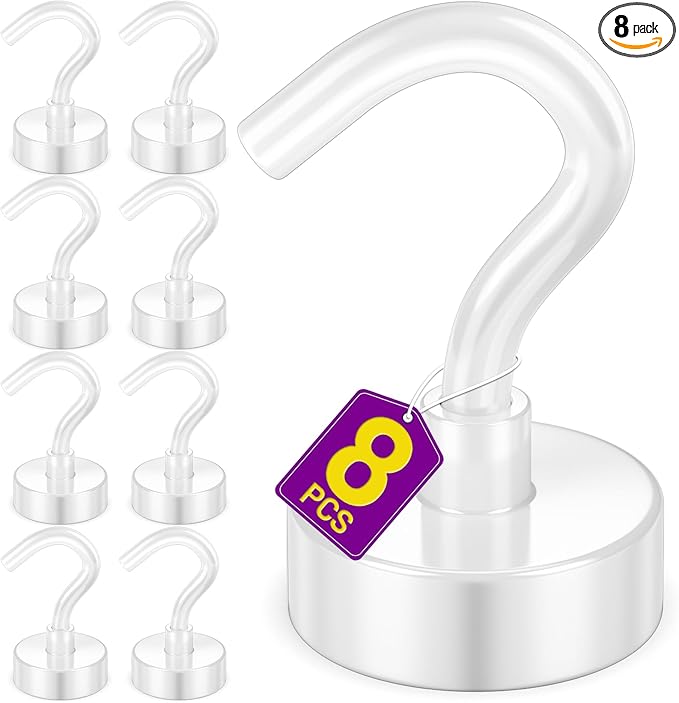 Magnetic Hooks, 25lbs Heavy Duty Earth Magnets with Hook for Refrigerator, Extra Strong Cruise Hook for Hanging Mugs, Magnetic Hanger for Cabins, Grill (White)
