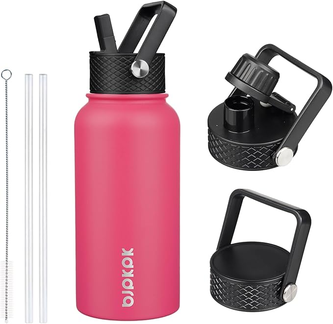 BJPKPK Insulated Water Bottles with Straw Lid, 27oz Stainless Steel Water Bottle with 3 Lids, Leak Proof BPA Free Metal Thermo, Mugs, Tumblers, Keep Cold Hot - Rose Pink
