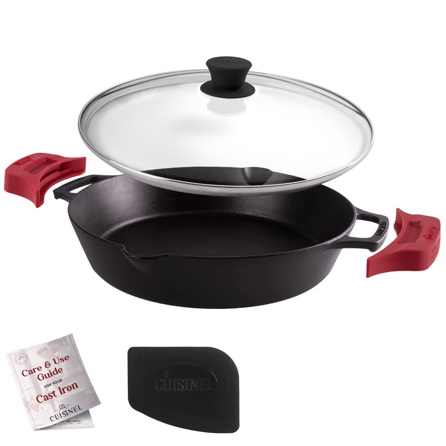 Cuisinel Cast Iron Skillet Set - 10" + 12" Frying Pan + Glass Lids + 2 Handle Cover Grips - Pre-Seasoned Oven Cookware - Indoor/Outdoor Use - Grill, Stovetop, Induction, BBQ, Camping, Fire Use