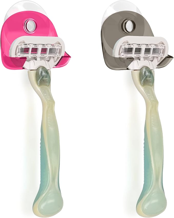 kwmobile 2x Razor Holder with Suction Cup - Self-Adhesive Shaver Wall Mount - Bathroom Organizer for Glass and Tiles - Black/Dark Pink/Transparent