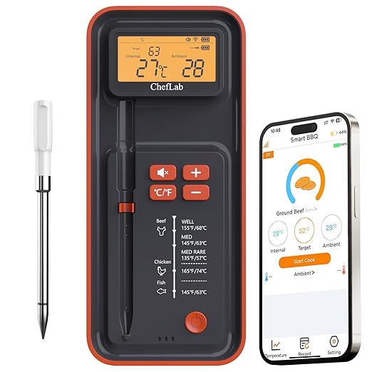 ChefLab AI Digital Meat Thermometer, 500 ft Long Range Bluetooth Grill Thermometer for Smoker, Oven, BBQ, Digital Food Thermometer for Kitchen Cooking (Single Probe)