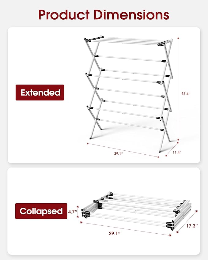 Foldable Clothes Drying Rack – Metal Laundry Drying Rack with Non-Slip Feet, 3-Tier Space-Saving Clothing Rack for Laundry Organization, Indoor & Outdoor Use, 11.4"D x 29.1"W x 37.4"H, White