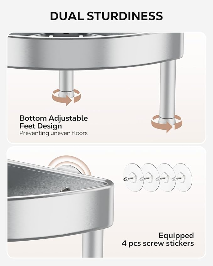 Nieifi Corner Shower Caddy Stand-5 Tier Rustproof Anodized Aluminum Standing Shower Organizer-Shower Caddy Corner-Dual Stability to Anti-Shaking-Height-Adjustable Legs for Uneven Surfaces-Silver
