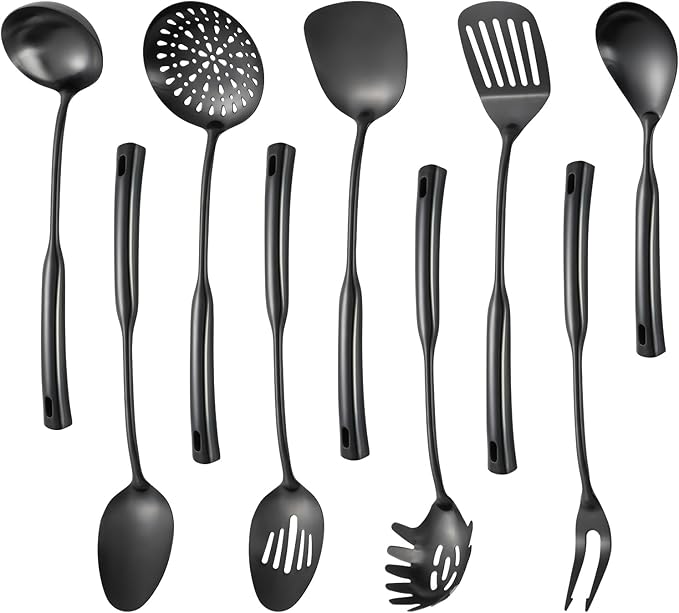 Izurok Kitchen Utensil Set, 9-Piece Cooking Utensil Set,Include 304 Stainless Steel Spatula Skimmer, Soup Ladle, Spaghetti Server,Slotted & Solid Spoon, Slotted Spatula Turner, Meat Fork(Silver）