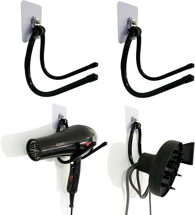 Universal Hair Dryer Holder, Blow Dryer Hanger Hook Wall Mount for Hair Dryer, Towels, Flat Iron,Hair Straightener &Cord Organizer for Cabinet Bathroom - Self Adhesive/Drilling - 2 Pack