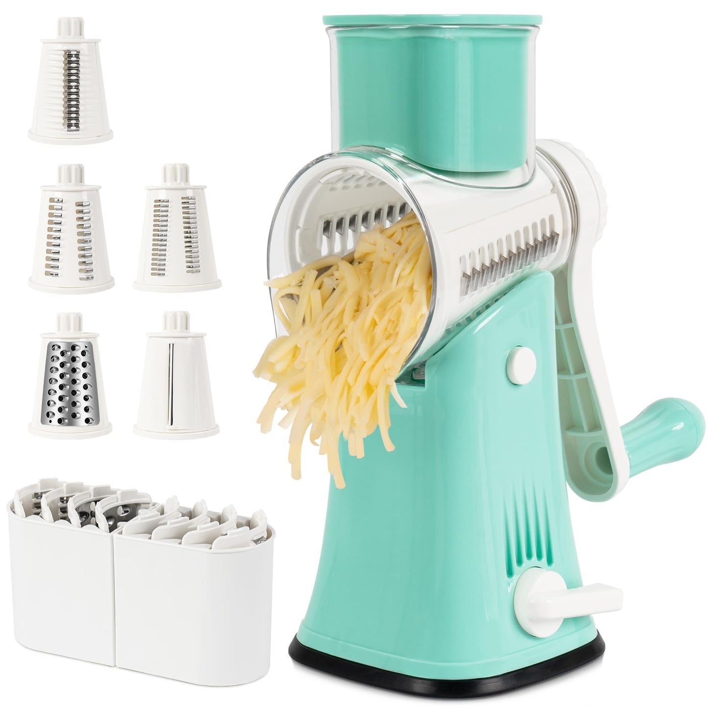 X Home Rotary Cheese Grater for Kitchen, Shredder with 3 Interchangeable Blades, Rotary Grater with Handle and Strong Suction Base, for Vegetables, Fruit, Nuts, Easy to Use and Clean, Black