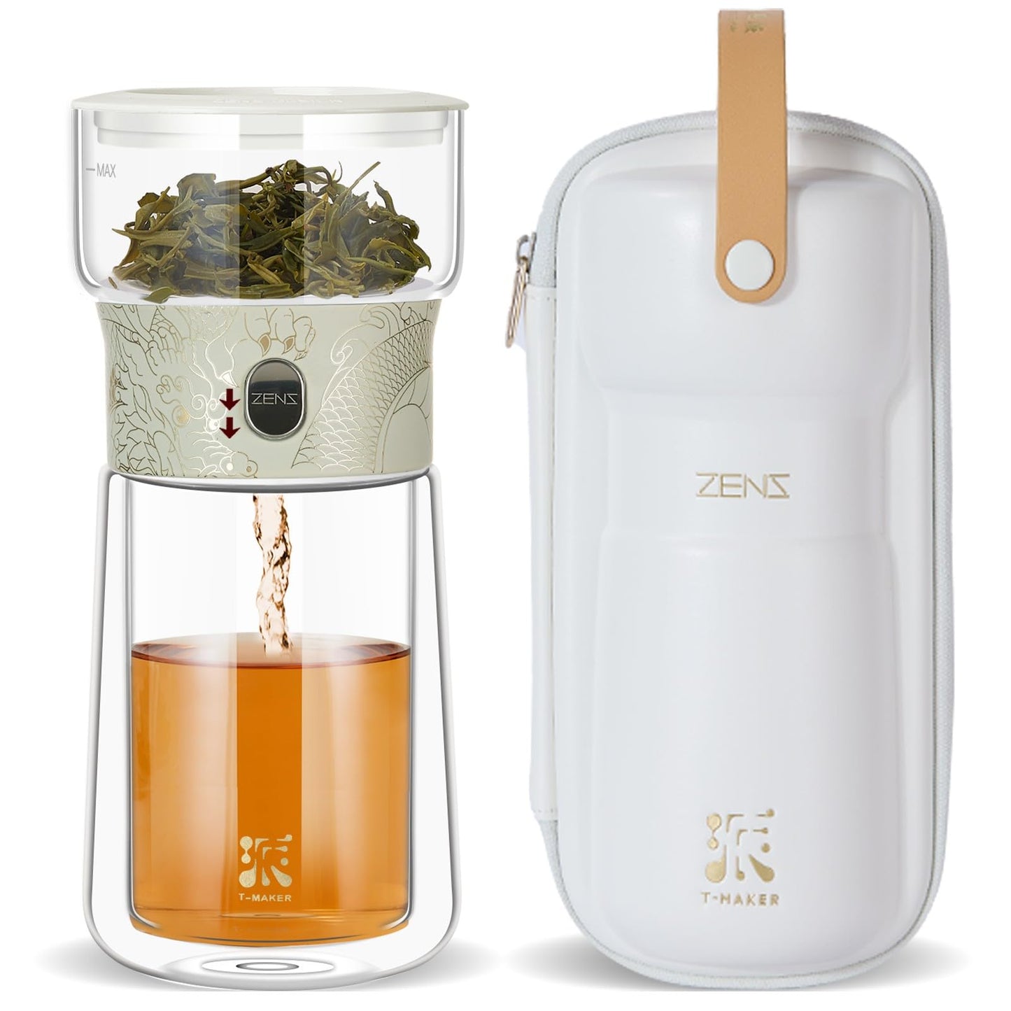 ZENS Glass Tea Infuser Pot, Modern One Touch Tea Maker for Tea Steeping