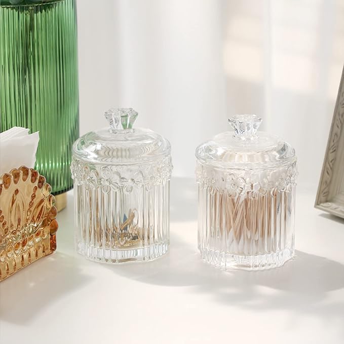rejomiik 2 Pack Qtip Holder Glass Apothecary Jars with Lids Bathroom Accessories Vanity Organizers and Makeup Storage Canister for Cotton Swabs, Balls, Pads, Floss Picks, Candy, Clear
