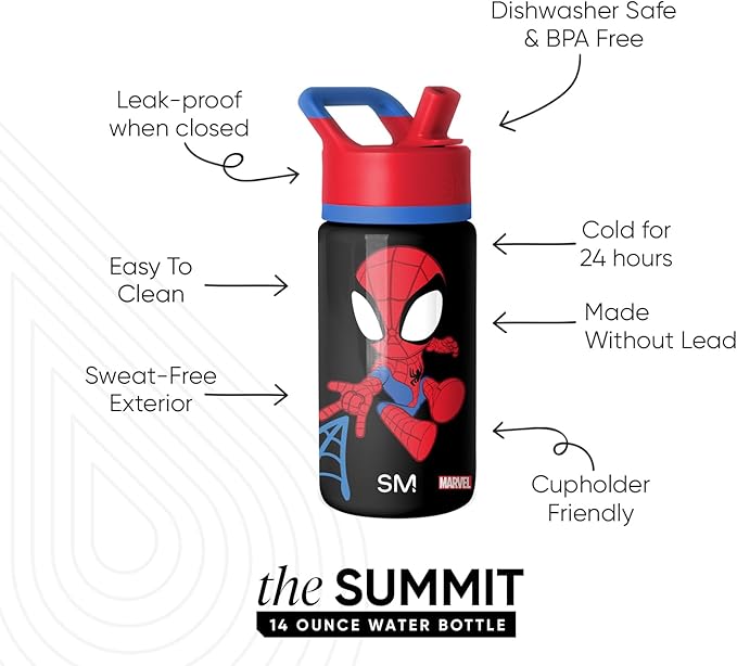 Simple Modern Kids Summit Water Bottle with Straw Lid | Marvel Spider Man 14oz Stainless Steel Cup Insulated Tumbler for Toddlers, Boys, School | Spidey Kid