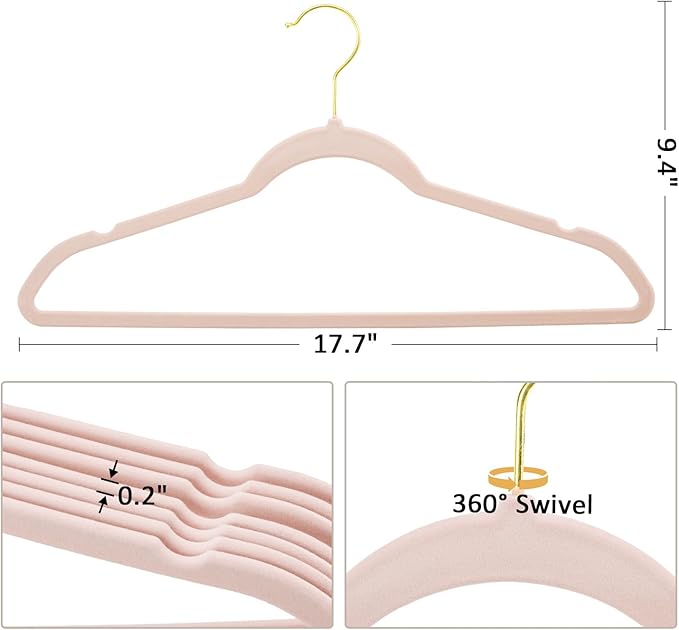 Velvet Hangers, Set of 30 Pack Clothes Hanger with 360° Swivel Gold Hook, Non-Slip, and Space-Saving, 0.2-Inch Thick, 17.7-Inch Long for Coat, Shirt, Dress, Pants - Pink