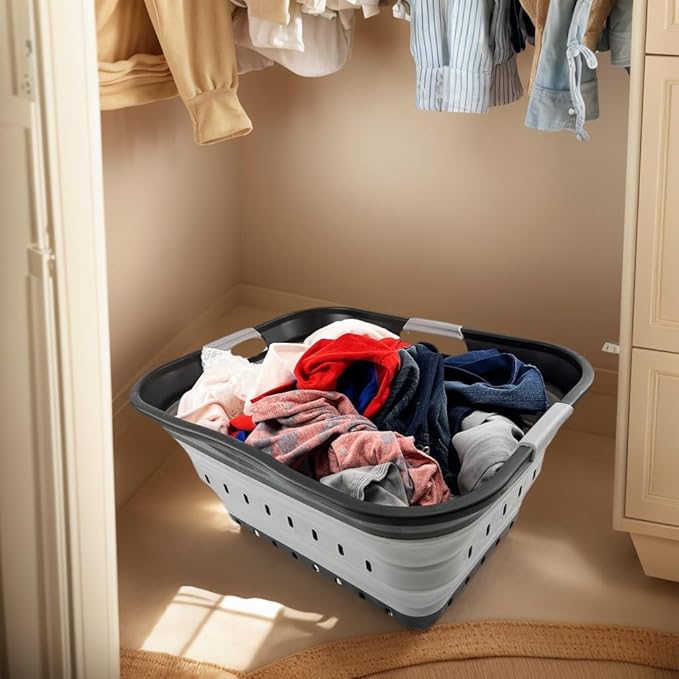 SAMMART 42L (11 gallon) Collapsible Plastic Laundry Basket - Foldable Pop Up Storage Container/Organizer - Space Saving Hamper/Basket (Black/Alloy Grey)
