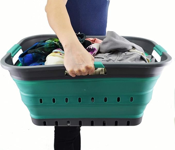 SAMMART 42L (11 gallon) Collapsible Plastic Laundry Basket - Foldable Pop Up Storage Container/Organizer - Space Saving Hamper/Basket (1, Grey/Turquoise Blue)