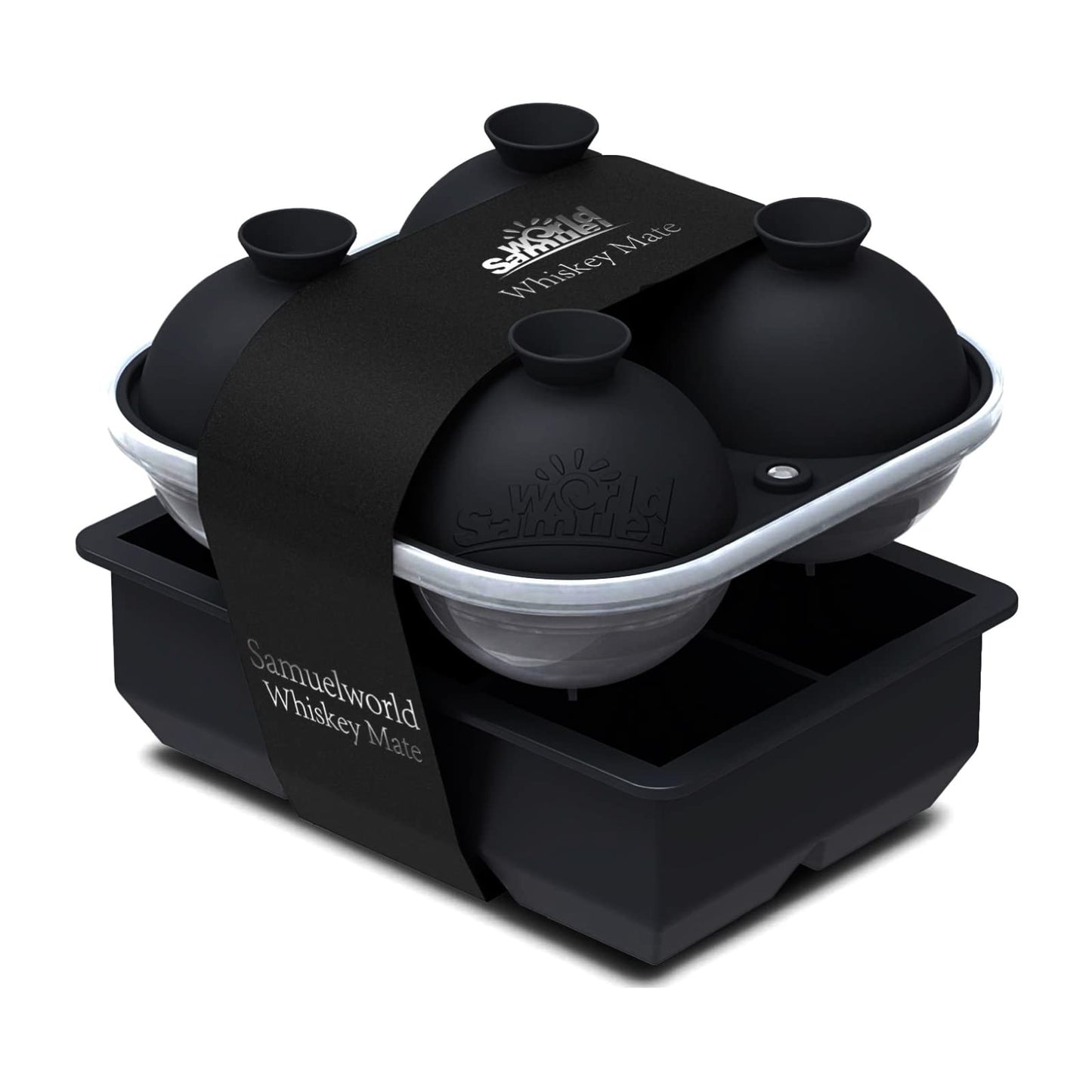 Samuelworld Premium Ice Tray Combo, Large Ice Sphere Maker & Giant Ice Cube Trays, 2 Packs, Food Grade, Easy To Use, Spill-Free Integrated Funnels, Whiskey Bourbon Cocktails (Black)