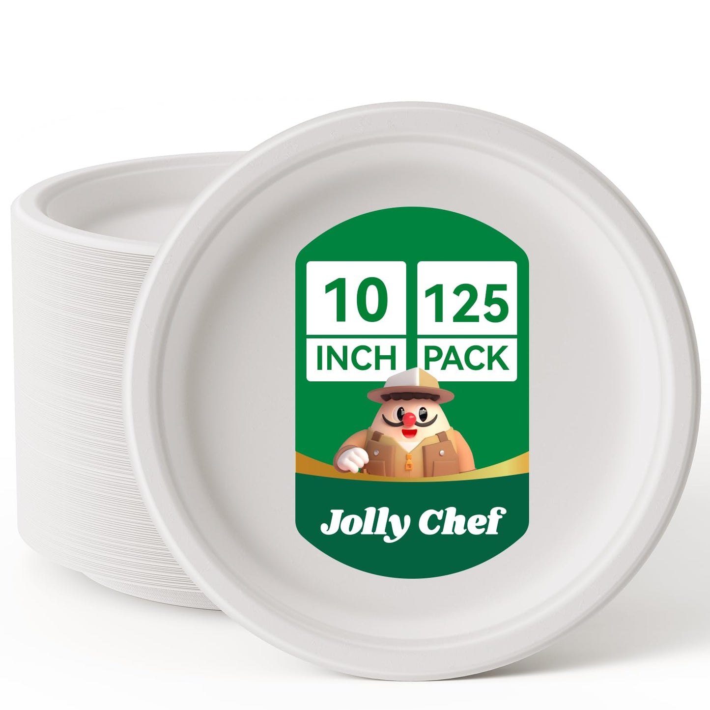 JOLLY CHEF Compostable Heavy Duty Plates 𝟭𝟬 𝗜𝗻𝗰𝗵 [𝟱𝟬𝟬 𝗣𝗮𝗰𝗸] Eco-Friendly Disposable Paper Plates Natural Bagasse Biodegradable Sugarcane Bulk for Party Hot Cold Dinner Christmas (Brown)