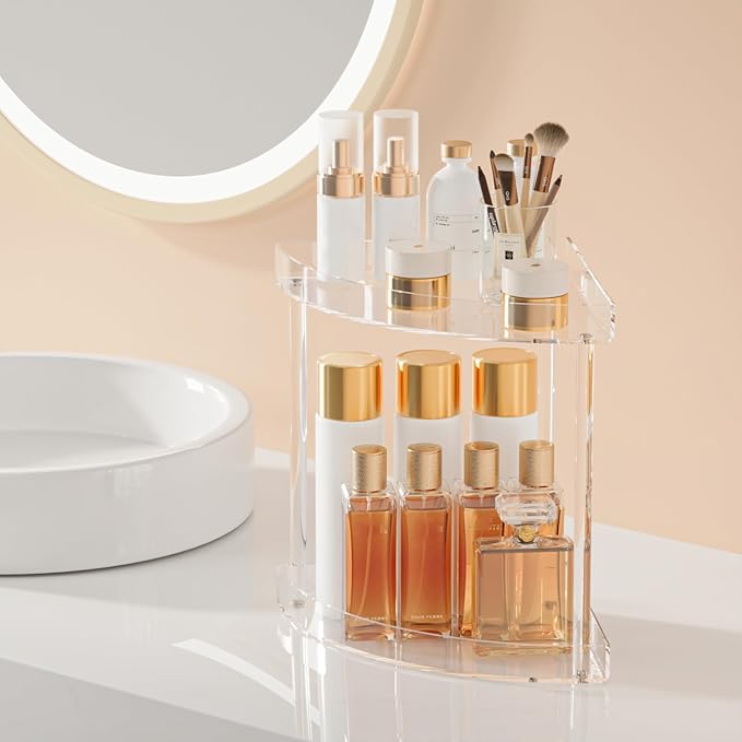 Bathroom Counter Organizer Countertop 2 Tier Storage Acrylic Corner Makeup Organizer for Makeup, Perfume, Vanity, Spice Rack, Bathroom Sink, Coffee Station(Clear)
