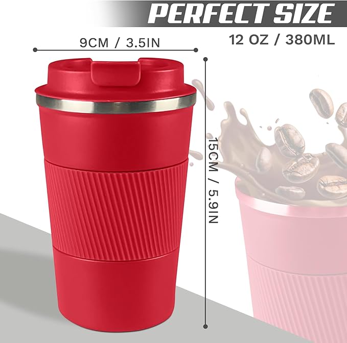 Vacuum-Insulated Stainless Steel Travel Coffee Mug, Leak-Proof Reusable Coffee Cup with Lid - Keep Hot & Cold Drinks for Hours, Durable Insulated Tumbler for Men & Women(3rd-Red, 12OZ)