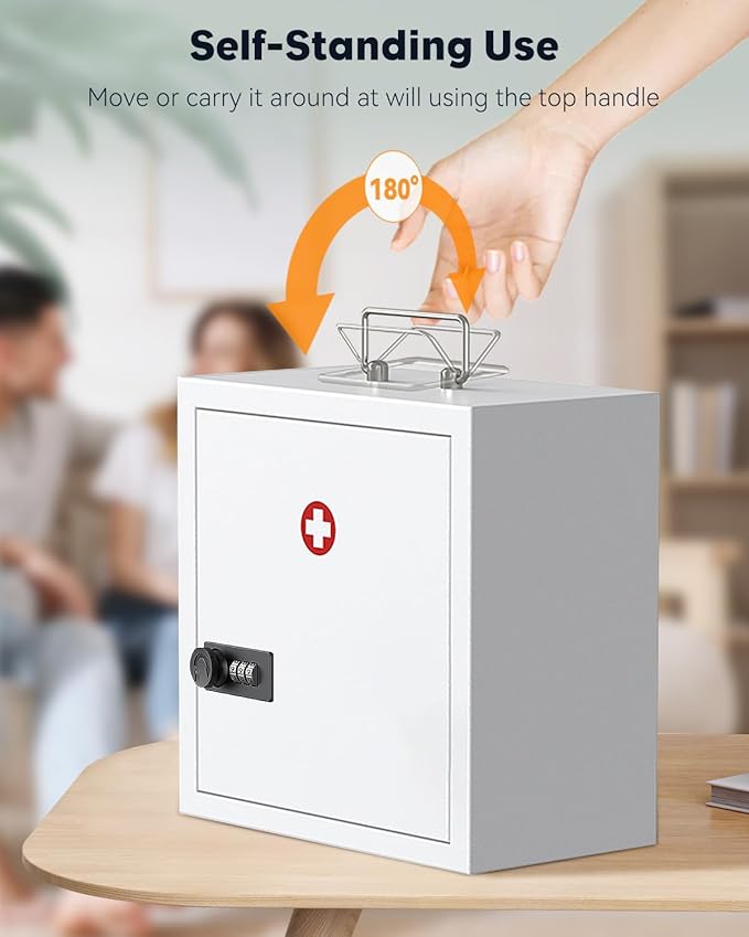Uniclife Wall Mount Medicine Cabinet with Combination Lock & Handle Locking First Aid Cabinet Lockable Medical Cabinet Medium Medicine Organizer Secure Steel Wall Cabinet Metal Storage Box, White
