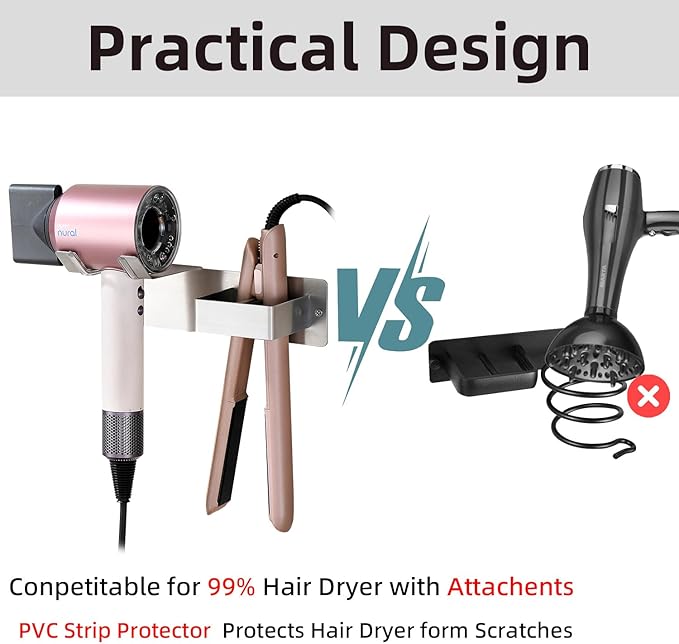 Hair Dryer Holder Wall Mounted, Stainless Steel Blow Dryer Holder for Bathroom, Hair Dryer and Straightener Holder Adhesive or Drilling, Hair Tool Organizer for Salon Barber Shops Banjekt