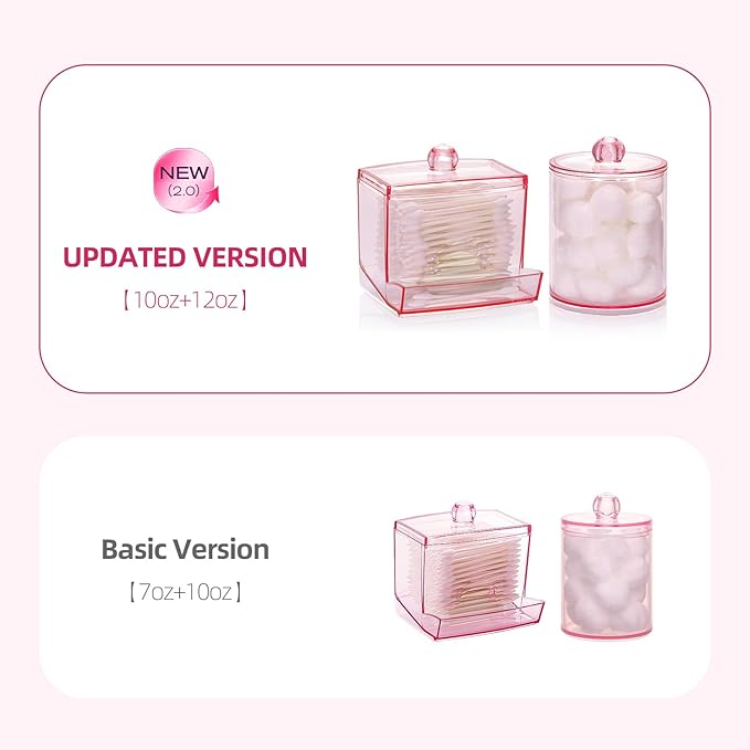 Tbestmax Pink Qtips Dispenser Bathroom Container, 10/12 oz Big Cotton Ball Holder, Apothecary Jar Organizer for Storage Cotton Swab, Round Pads, Floss Picks