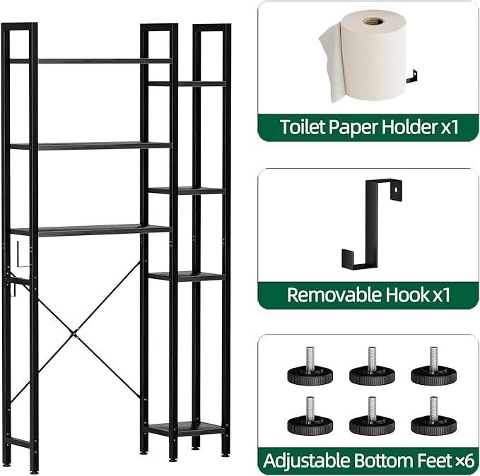 OTK Over The Toilet Storage with 7-Tier Bathroom Organizer Shelf, Freestanding Space Saver with Adjustable Feet & Hooks, Storage Rack for Bathroom, Restroom, Laundry, Black