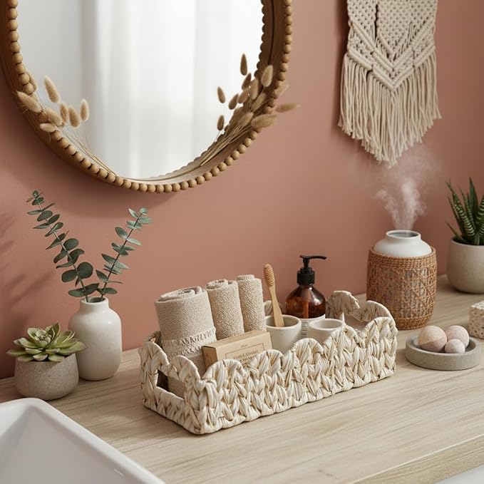 Scalloped Toilet Paper Storage Basket,Boho Small Bathroom Basket,Wicker Decor Baskets for Bathroom,Bedroom,Living Room,Coastal Bathroom Decor Accessories