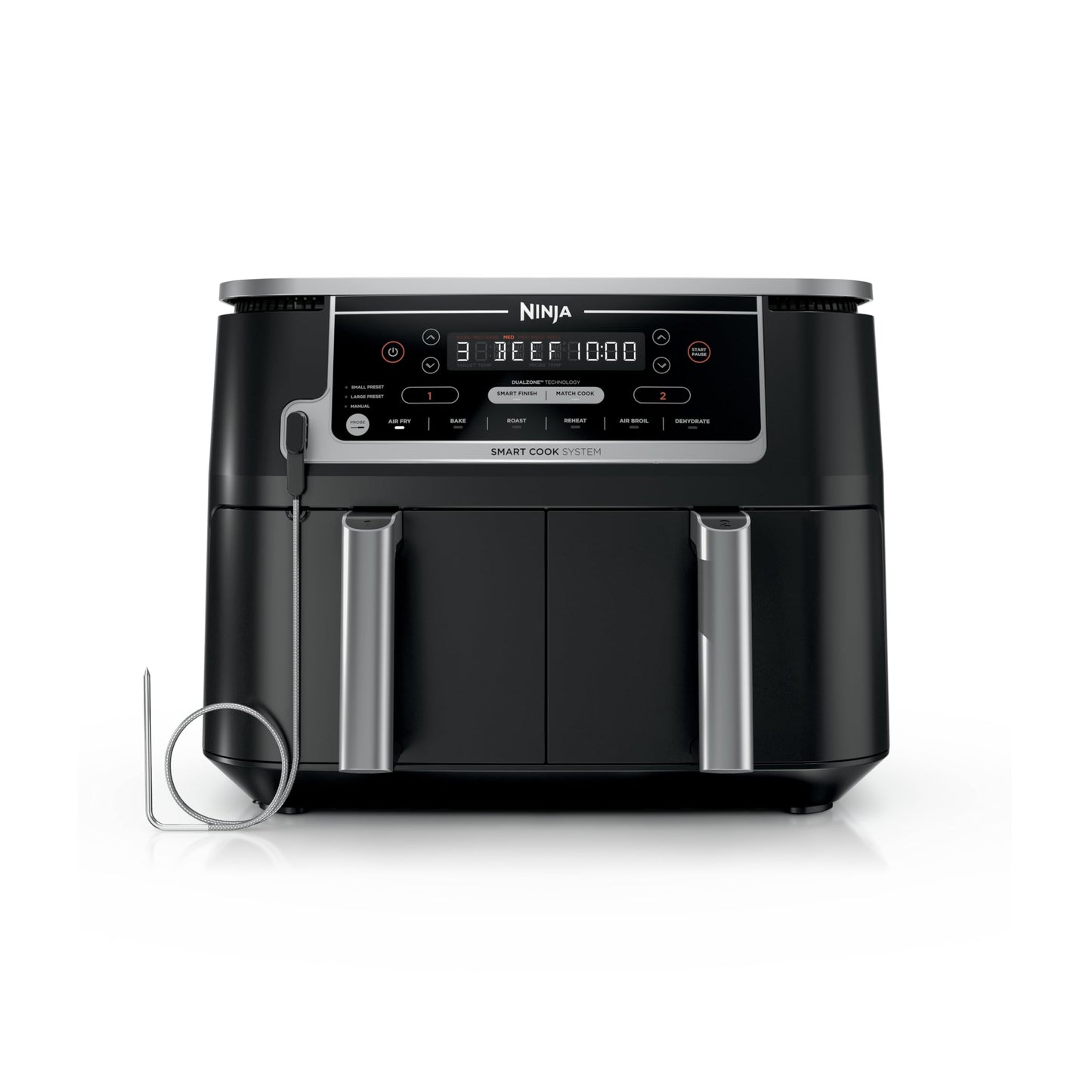 Ninja DZ550 Foodi 10 Quart 6-in-1 DualZone Smart XL Air Fryer with 2 Independent Baskets, Thermometer for Perfect Doneness, Match Cook and Finish to Roast, Dehydrate and More, Black