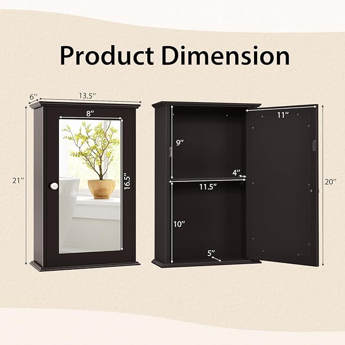 Tangkula Bathroom Medicine Cabinet with Mirror, Wall Mounted Single Mirror Door Storage Cabinet w/Adjustable Shelf, Wall Cabinet w/Reversible Door for Bathroom Living Room Hallway (Brown)