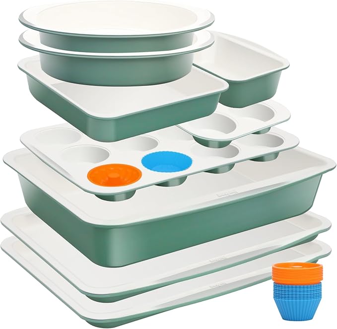 Ymiton Ceramic Nonstick Baking Pans Set, Non Toxic 33 PCS Stackable Bakeware Sets, 550°F Oven Safe Baking Sheet & Pans, Warp-Free, Dishwasher Safe, PTFE/PFOA/PFOS-Free (Blue)