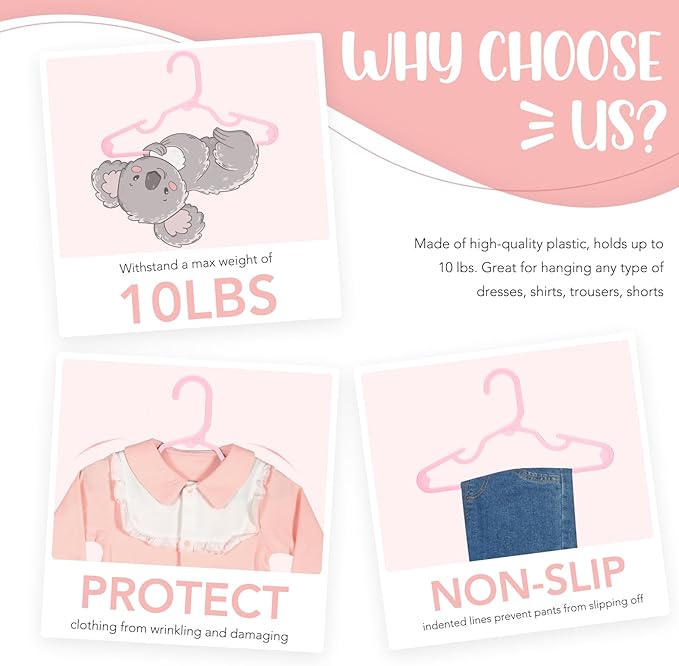 HOUSE DAY Plastic Baby Hangers for Closet 20 Pack, Durable Plastic Kids Hangers for Baby Clothes, Thin & Compact Childrens Hangers, Space Saving Pink Baby Hanger, Small Hanger for Kids Clothes