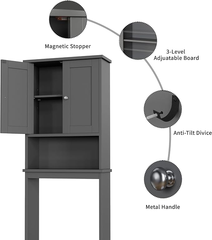 Shintenchi Over The Toilet Storage Cabinet, Bathroom Shelf Organizer with Anti-Tip Device Small Freestanding Space Saver with Adjustable Shelf, Gray