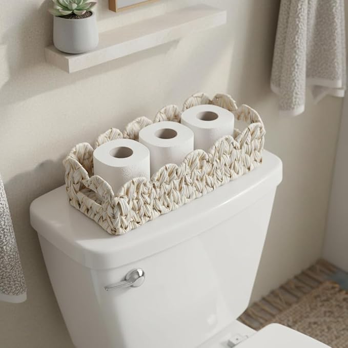 Scalloped Toilet Paper Storage Basket,Boho Small Bathroom Basket,Wicker Decor Baskets for Bathroom,Bedroom,Living Room,Coastal Bathroom Decor Accessories