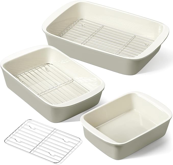 LE TAUCI Ceramic Casserole Dishes for Oven with 304 Racks, Set of 3, Oat