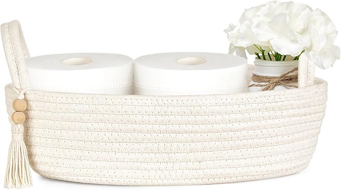 Mkono Small Storage Basket for Toilet Tank Top Boho Bathroom Decor Woven Rope Toilet Paper Tray Organizer for Shelf Bedroom Living Room, White, 1 Pack, 13" L x 6" W