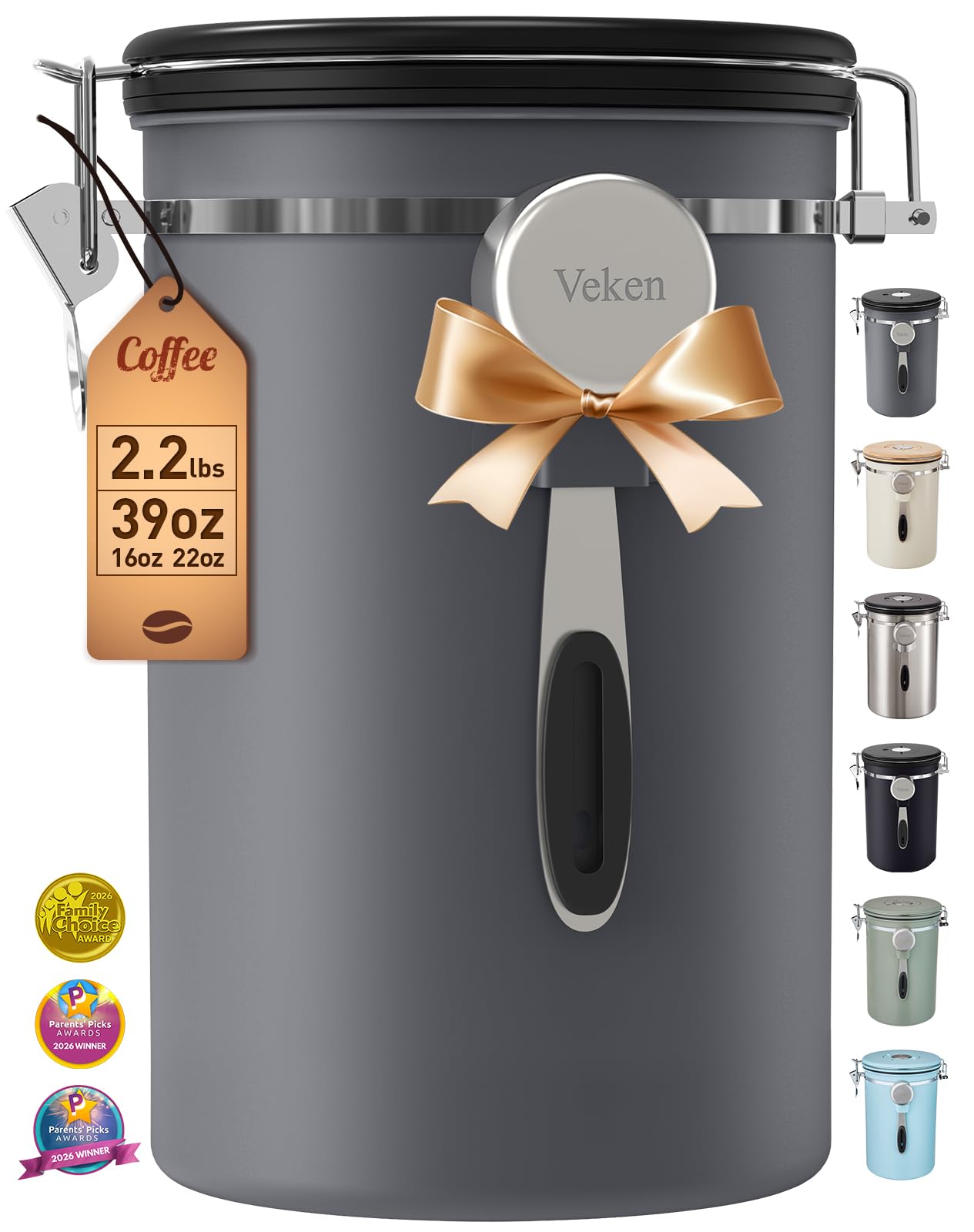 Veken Coffee Canister,39OZ, 2.2lbs,Large Airtight Stainless Steel Container