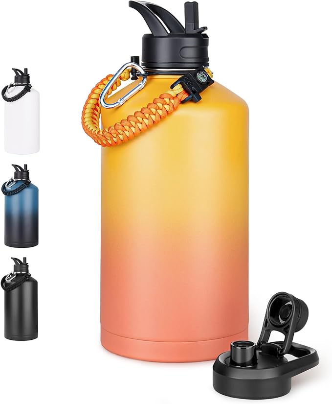 Gallon Water Bottle with 2 Lids (Straw & Spout), 304 Stainless Steel Water Jug with Handle and Wide Mouth, 1 Gallon Vacuum Double Walled Jug for Sports, Outdoors, Yellow&Orange 128 oz