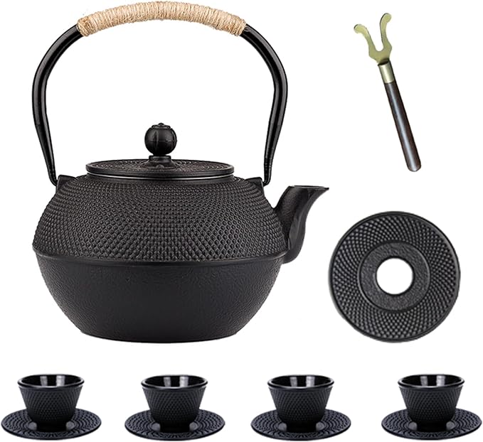 YJX 40.6oz Black Cast Iron Tea Pot Set with Teacups, Japanese Tetsubin