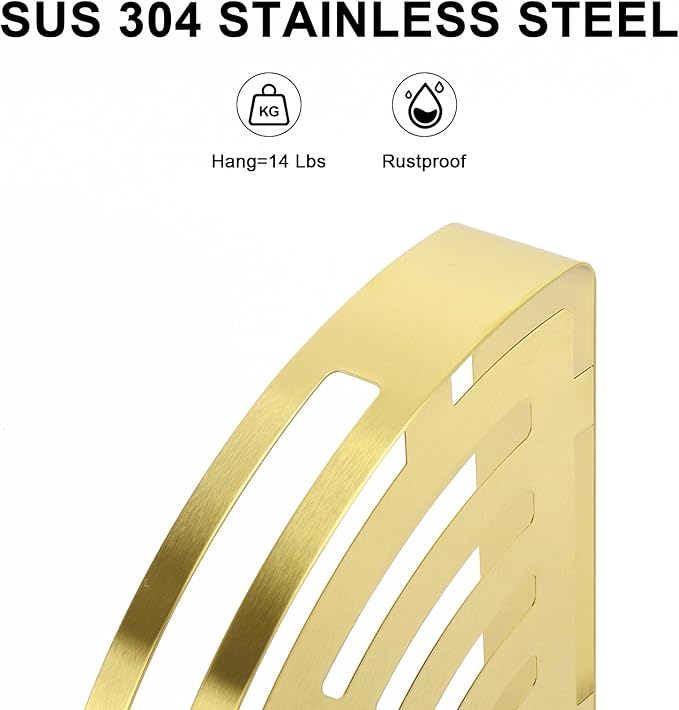 NearMoon Bathroom Corner Shelf Shower Caddy 2 Pack, No Drill 304 Stainless Steel Shower Organizer with 2 Hooks (Gold)