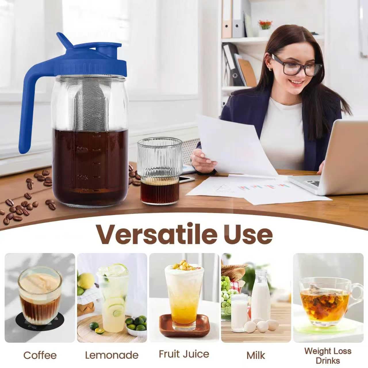 QHH Cold Brew Coffee Maker, 64 oz Mason Jar Pitcher with Stainless Steel Filter, Pour Spout Handle Lid, Airtight & Leak-Proof for Iced Coffee,Tea & Lemonade