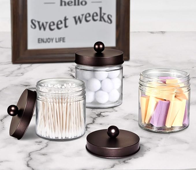 SheeChung Bathroom Organizers and Storage - 2Pack Qtip Holders Bathroom Canister Apothecary Jars for Cotton Swabs, Rounds, Balls, Qtips,Makeup Sponges, Flossers,Bath Salts - Bronze