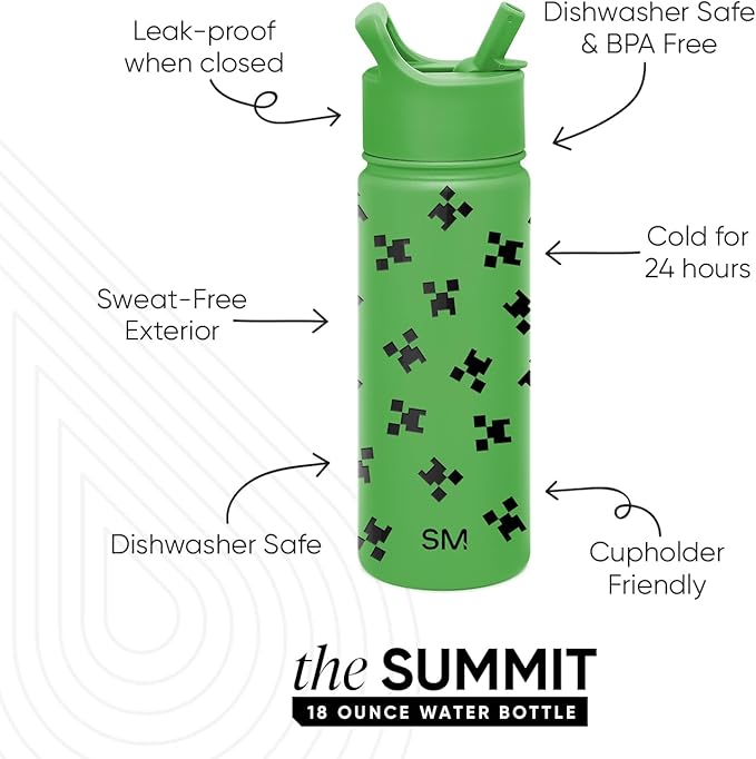 Simple Modern Summit Water Bottle with Straw Lid | Minecraft 18oz Stainless Steel Cup Insulated Tumbler for Girls, Boys, School | Minecraft Creeper
