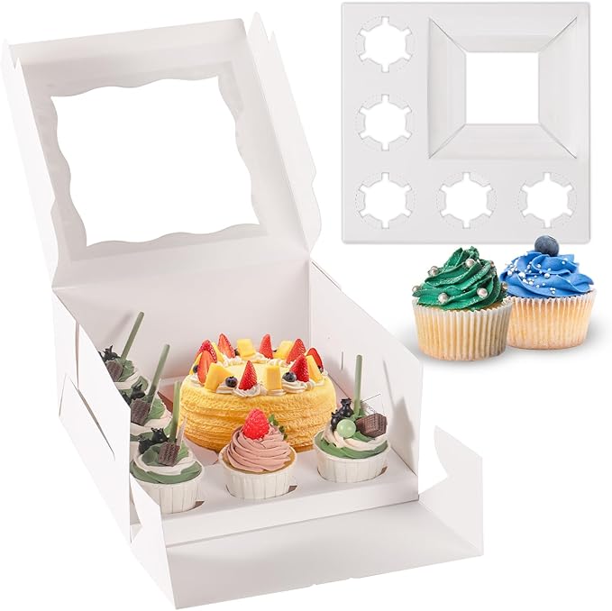 JCD 9 Holes Fit 8 Cupcakes and 1 Mini Cake Box Combo,8 sets of Cake Boxes, Pastry Sweets Bento Box, Cupcake Combo Box with Stickers(1+8/8pcs)