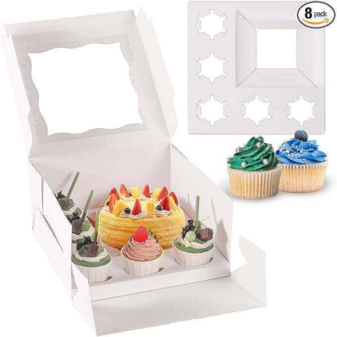JCD 9 Holes Fit 8 Cupcakes and 1 Mini Cake Box Combo,8 sets of Cake Boxes, Pastry Sweets Bento Box, Cupcake Combo Box with Stickers(1+8/8pcs)