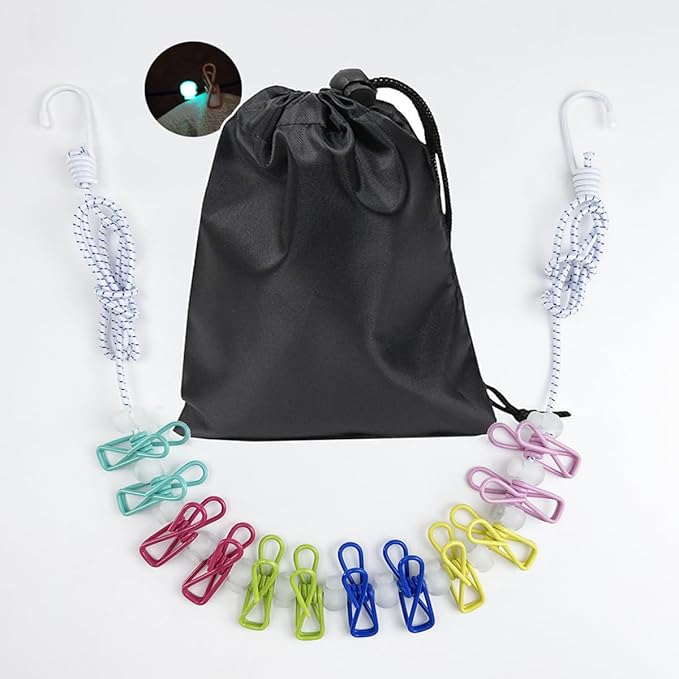 Retractable Travel Clothesline，Portable Clothesline Clothing line with 12 Clothes Clips， for Indoor and Outdoor Laundry Drying line，Outdoor Camping Accessories - with Luminous Buckle (White)