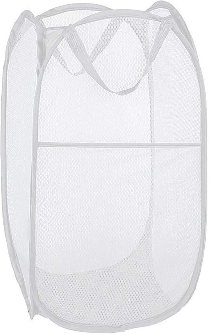 Larpur Popup Laundry Basket, Mesh Clothes Hamper Portable Laundry Hamper with Reinforced Carry Handles, Collapsible for Storage (White)