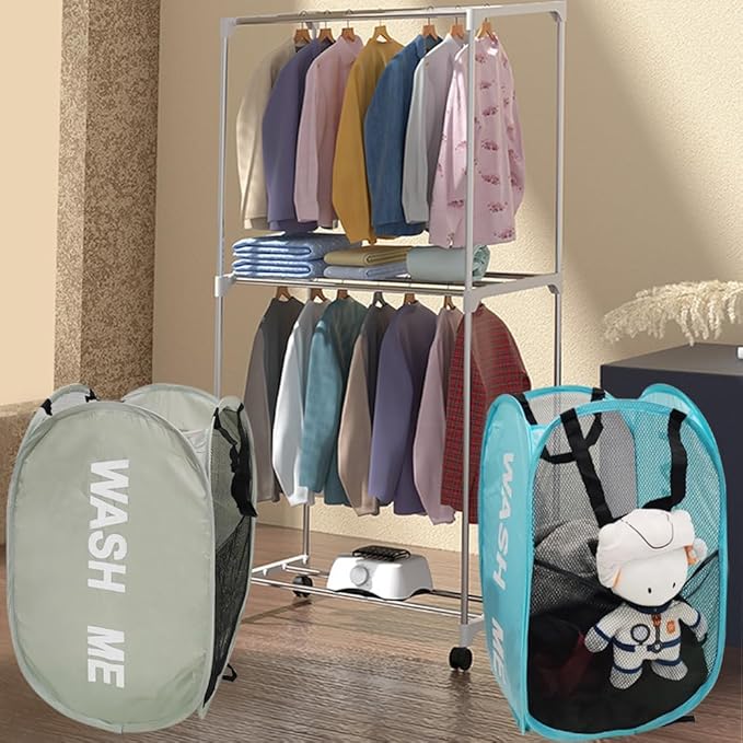 Mesh Laundry Hamper 2Pack Pop Up Hamper with Strong Handles, Collapsible Laundry Basket for Home, Bathroom, Bedroom, Travel Storage Hamper(Grey + Sky Blue)