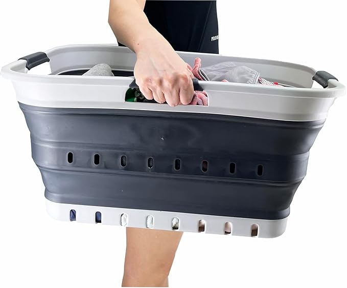 SAMMART 42L (11 gallon) Collapsible Plastic Laundry Basket - Foldable Pop Up Storage Container/Organizer - Space Saving Hamper/Basket (Grey/Charcoal Black)
