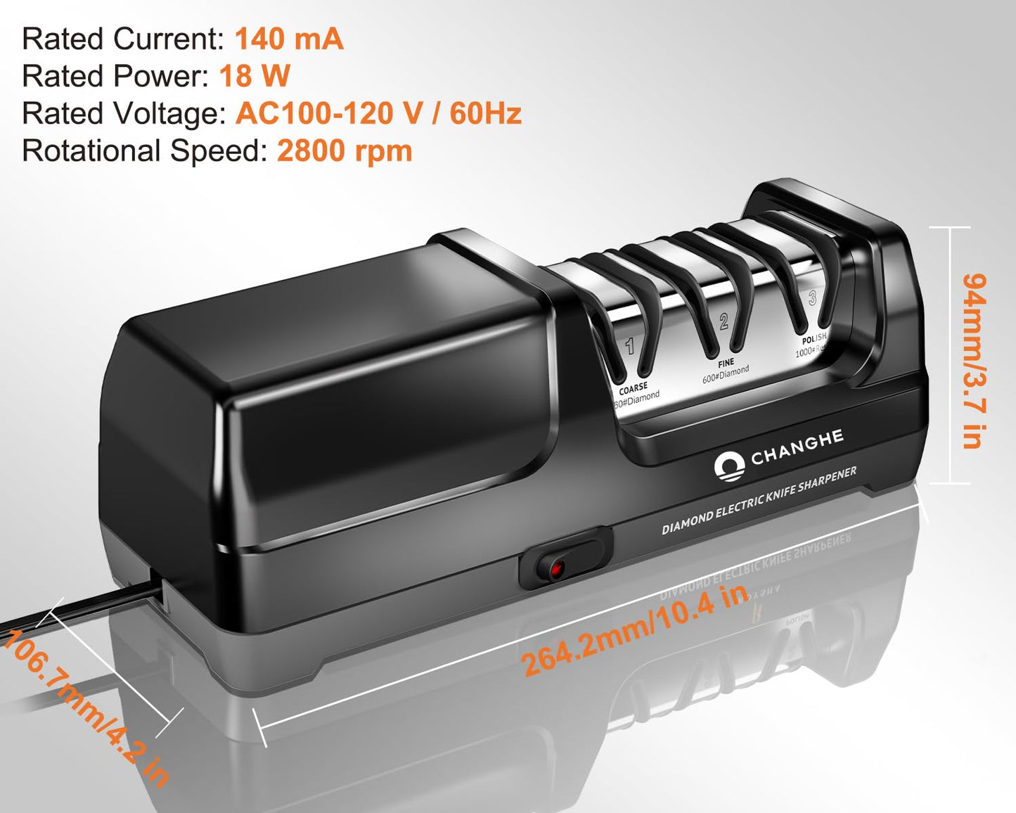 Electric Kitchen Knife Sharpener,3 Stages Diamond Abrasives of 360 Grit,600 Grit and 1000 Grit for Sharpening Stainless Steel Knives and Ceramic Knives, for Kitchens and Restaurants (20° Angle)